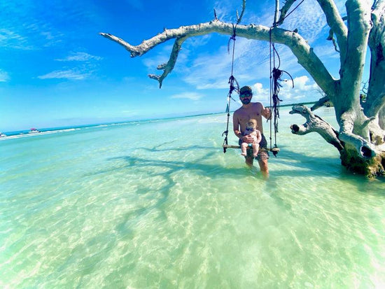 man and child on swing in ocean